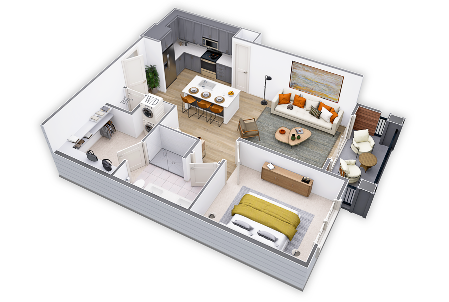 Floor plan for 1 bed, 1 bath, 750 sqft